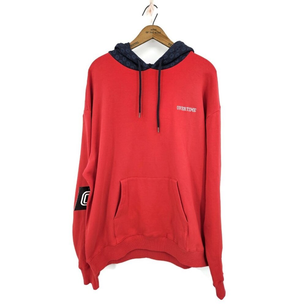 New Overtime Red Pullover Hoodie Mens XL Pocket Embroidered Blue Hood